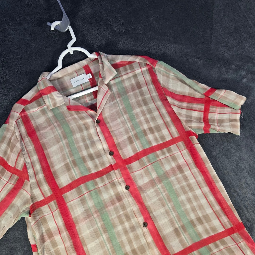 Topman Mens Button Up Shirt‎ Sheer Short Sleeve Plaid Casual Beige Red Green S